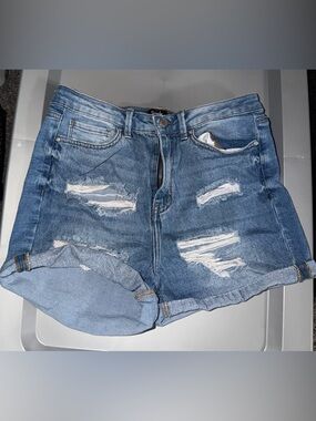 Simple Distressed Medium Blue Denim Jean Shorts